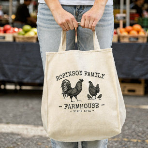 Family Name Farmhouse Hen Chicks Rooster Tote Bag