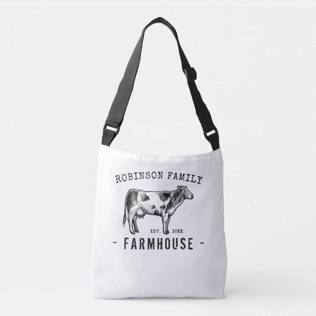 Family Name Farmhouse Rustic Dairy Milk Cow Crossbody Bag (Front)