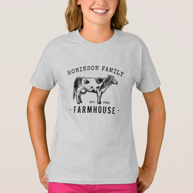 Family Name Farmhouse Rustic Dairy Milk Cow T-Shirt (Front)