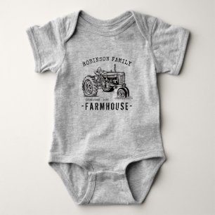 Family Name Farmhouse Rustic Vintage Tractor Baby Bodysuit
