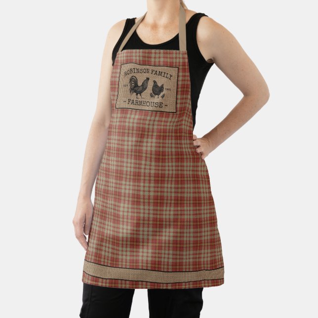 Family Name Farmhouse Vintage Red Plaid Burlap Apron (Insitu)