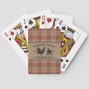 Family Name Farmhouse Vintage Red Plaid Burlap Playing Cards