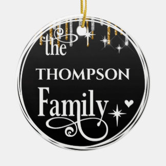 Family Name Gold Glitter Drips Black Christmas Ceramic Tree Decoration
