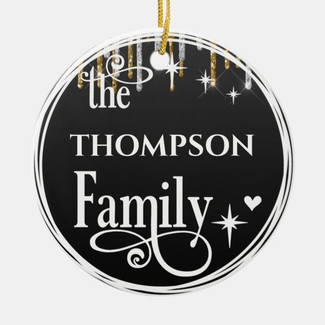 Family Name Gold Glitter Drips Black Christmas  Ceramic Tree Decoration (Front)