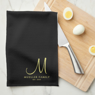 Family Name Gold Monogram Black Personalized Tea Towel