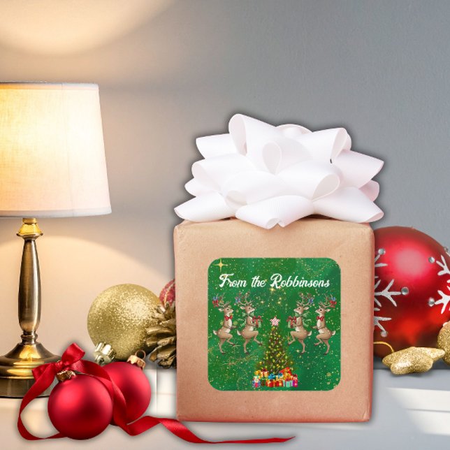Family Name Green Whimsical Marching Reindeer  Square Sticker (Creator Uploaded)