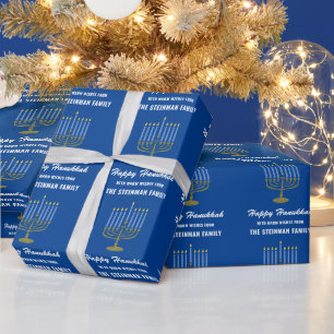 Family Name Happy Hanukkah Menorah White Blue Gold Wrapping Paper