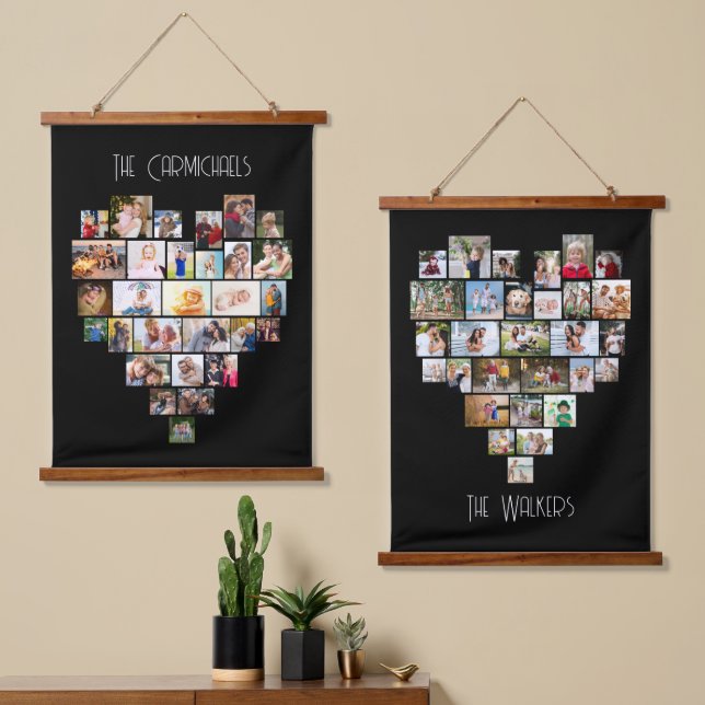 Family Name Heart Shape Photo Collage 58 Pic Black Hanging Tapestry (Asymmetrical)