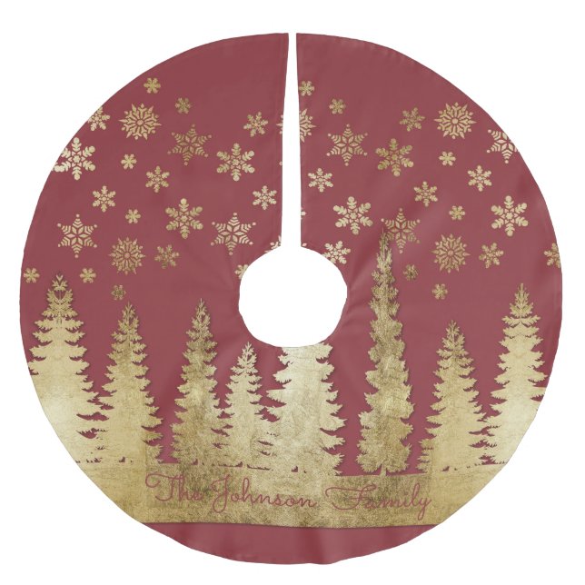 Family Name Holiday Gold and Red Winter Wonderland Brushed Polyester Tree Skirt (Front)