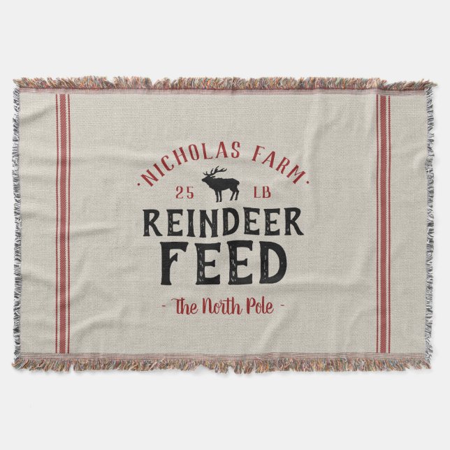 Family Name Holiday Reindeer Feed Grain Sack Throw Blanket (Front)