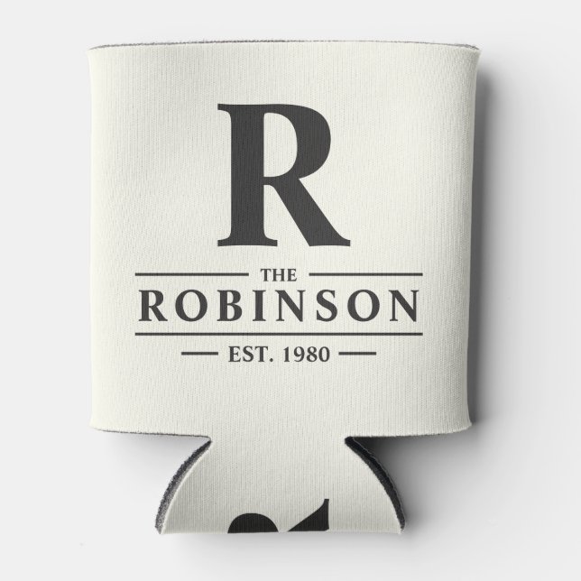 Family Name & Initial Ivory and Warm Black Can Cooler (Front)