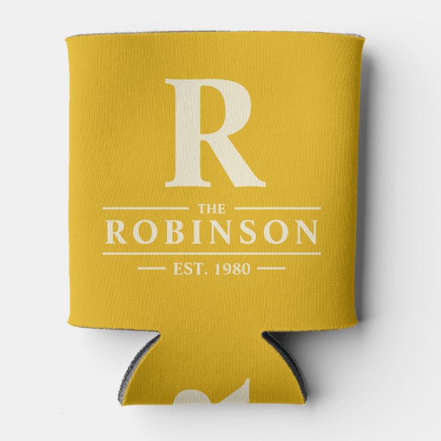 Family Name & Initial Warm Sunflower Can Cooler (Front)