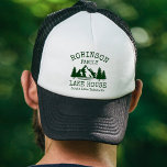 Family Name Lake House Forest Green Silhouette Trucker Hat<br><div class="desc">A stylish hat displaying your personalised family name with "lake house" and lake name,  location or other desired text. Features include a custom designed silhouette of rustic trees,  mountains and lake. Feel free to visit my designer store to see more items like this. Thanks.</div>