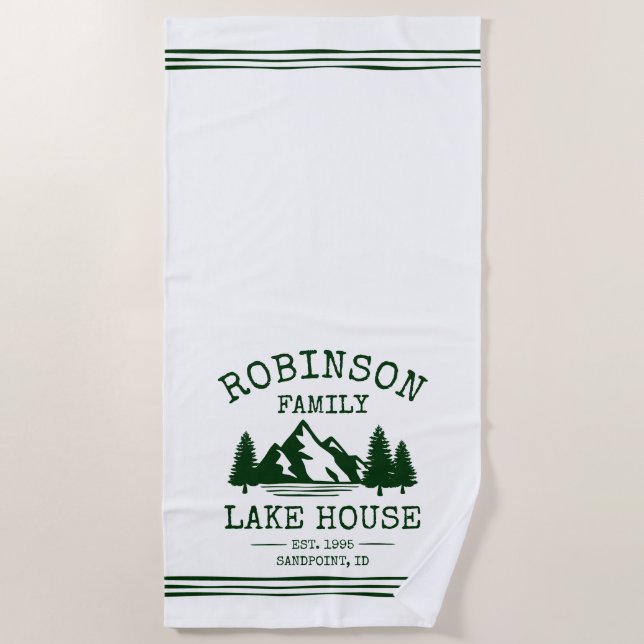 Family Name Lake House Forest Green Trees Beach Towel (Front)
