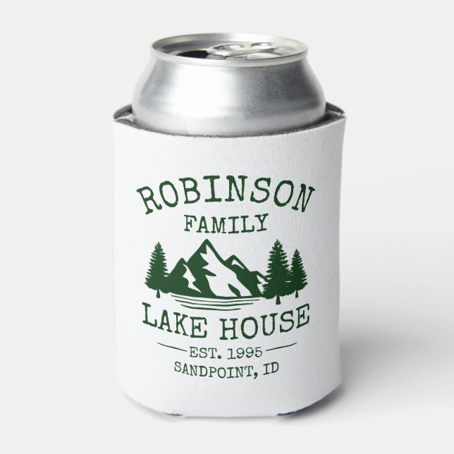 Family Name Lake House Forest Green Trees Can Cooler (Can Front)