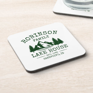 Family Name Lake House Forest Green Trees Corked Coaster