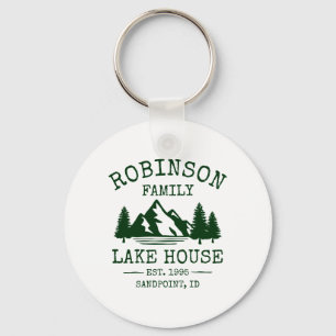 Family Name Lake House Forest Green Trees Round Key Ring