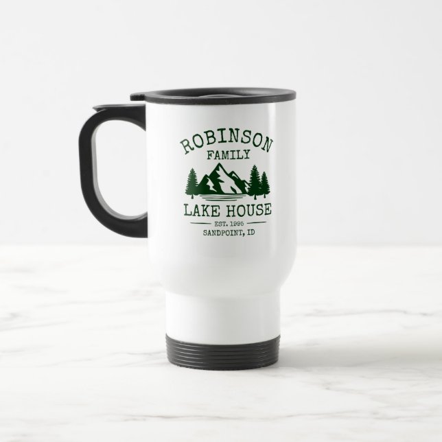 Family Name Lake House Forest Green Trees Travel Mug (Left)