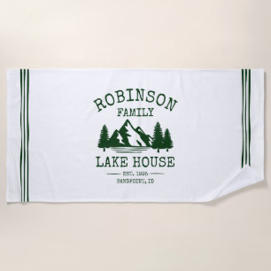 Family Name Lake House Forest Green Trees White Beach Towel