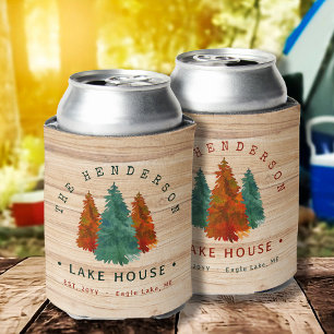 Family Name Lake House Pine Tree wood Personalised Can Cooler