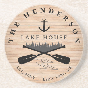 Family Name Lake House Pine Tree wood Personalised Coaster