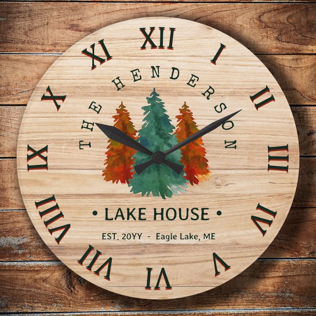 Family Name Lake House Pine Tree wood Personalised Large Clock (Creator Uploaded)