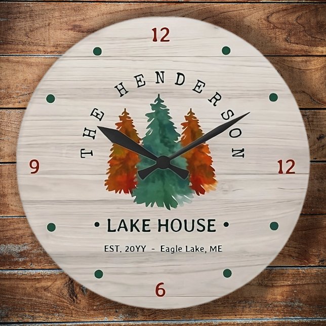 Family Name Lake House Pine Tree wood Personalised Large Clock (Creator Uploaded)