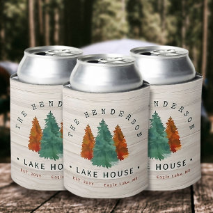 Family Name Lake House Pine Tree wood Personalized Can Cooler