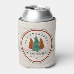 Family Name Lake House Pine Tree wood Personalized Can Cooler