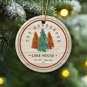 Family Name Lake House Pine Tree wood Personalized Ceramic Tree Decoration