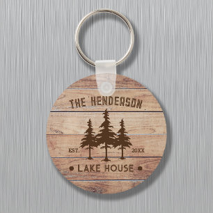 Family Name Lake House Pine Tree wood Personalized Key Ring