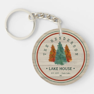 Family Name Lake House Pine Tree wood Personalized Key Ring
