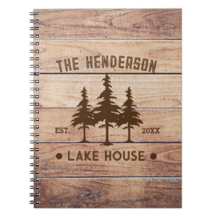 Family Name Lake House Pine Tree wood Personalized Notebook