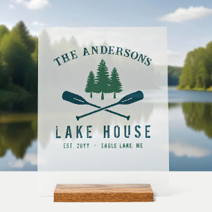 Family Name Lake House Rustic Oars Pine Trees Acrylic Sign