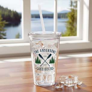 Family Name Lake House Rustic Oars Pine Trees Acrylic Tumbler