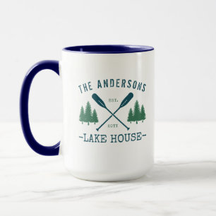 Family Name Lake House Rustic Oars Pine Trees Big Mug