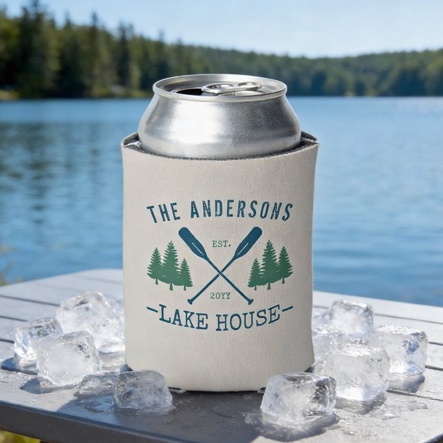 Family Name Lake House Rustic Oars Pine Trees Can Cooler (Creator Uploaded)