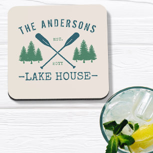 Family Name Lake House Rustic Oars Pine Trees Coaster