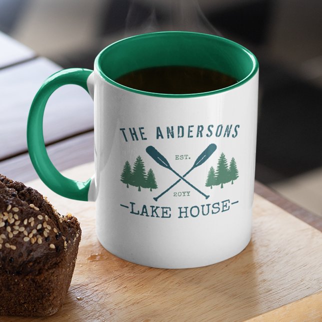 Family Name Lake House Rustic Oars Pine Trees Mug (Creator Uploaded)