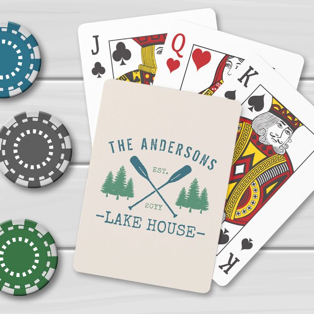 Family Name Lake House Rustic Oars Pine Trees Playing Cards (Creator Uploaded)