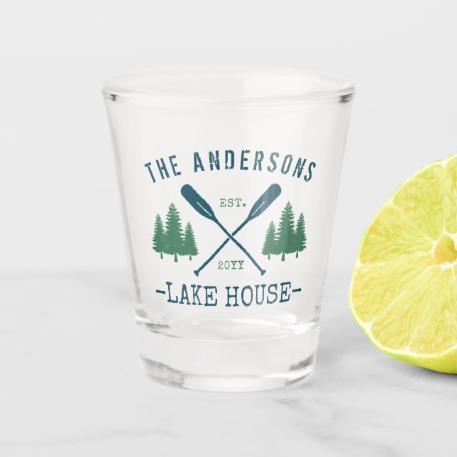 Family Name Lake House Rustic Oars Pine Trees Shot Glass (Front)