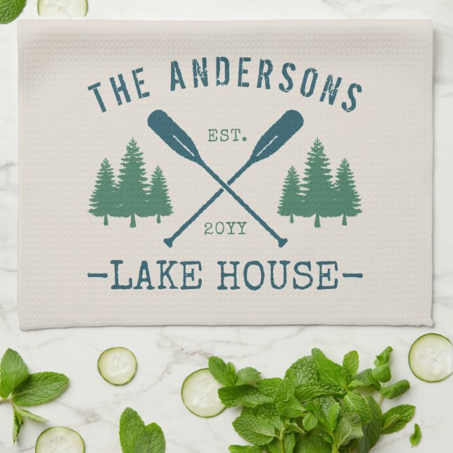 Family Name Lake House Rustic Oars Pine Trees Tea Towel (Folded)