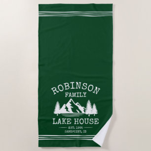 Family Name Lake House Trees Forest Green Beach Towel