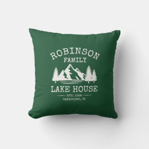 Family Name Lake House Trees Forest Green Cushion