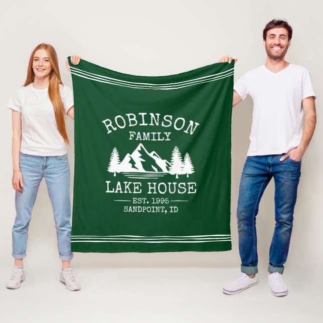 Family Name Lake House Trees Forest Green Fleece Blanket (In Situ)