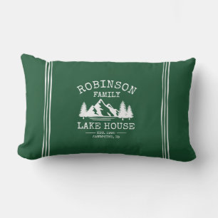 Family Name Lake House Trees Forest Green Lumbar Cushion