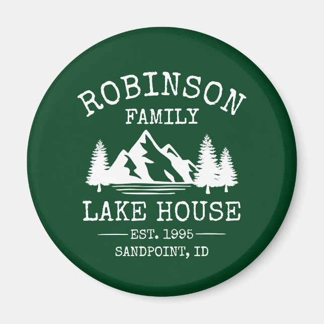 Family Name Lake House Trees Forest Green Magnet (Front)