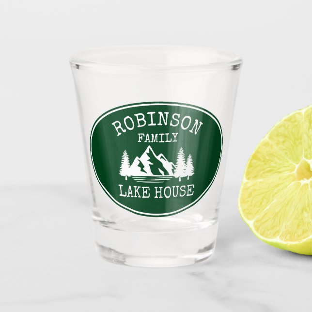Family Name Lake House Trees Forest Green Shot Glass (Front)