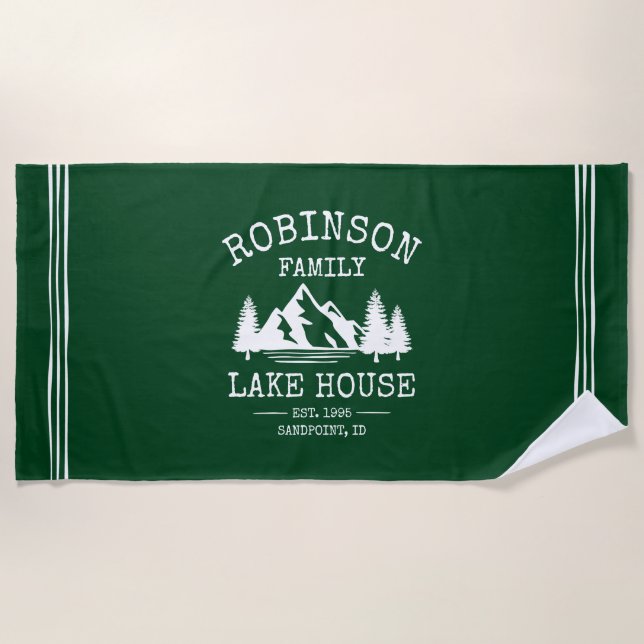 Family Name Lake House Trees Forest Green White Beach Towel (Front)