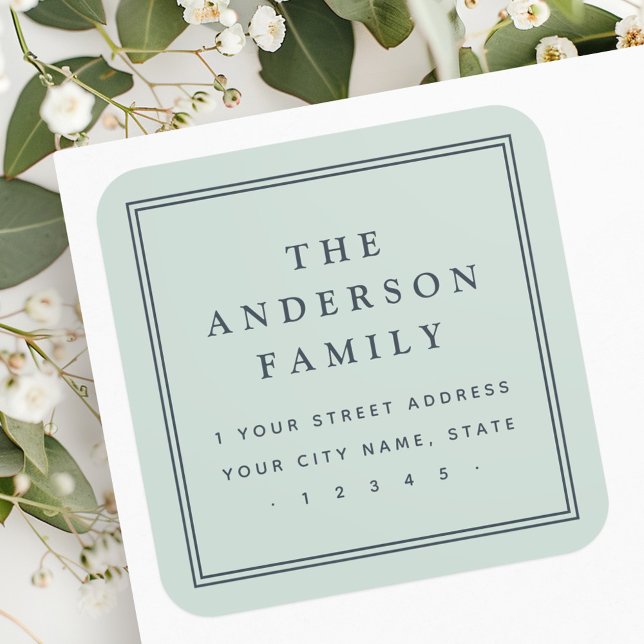 Family name light dusty sea green return address square sticker (Family name light dusty sea green return address square sticker)